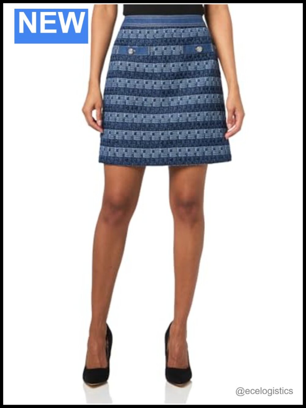 Denim Tweed Skirt Knee-Length Zipper Closure Mid Rise